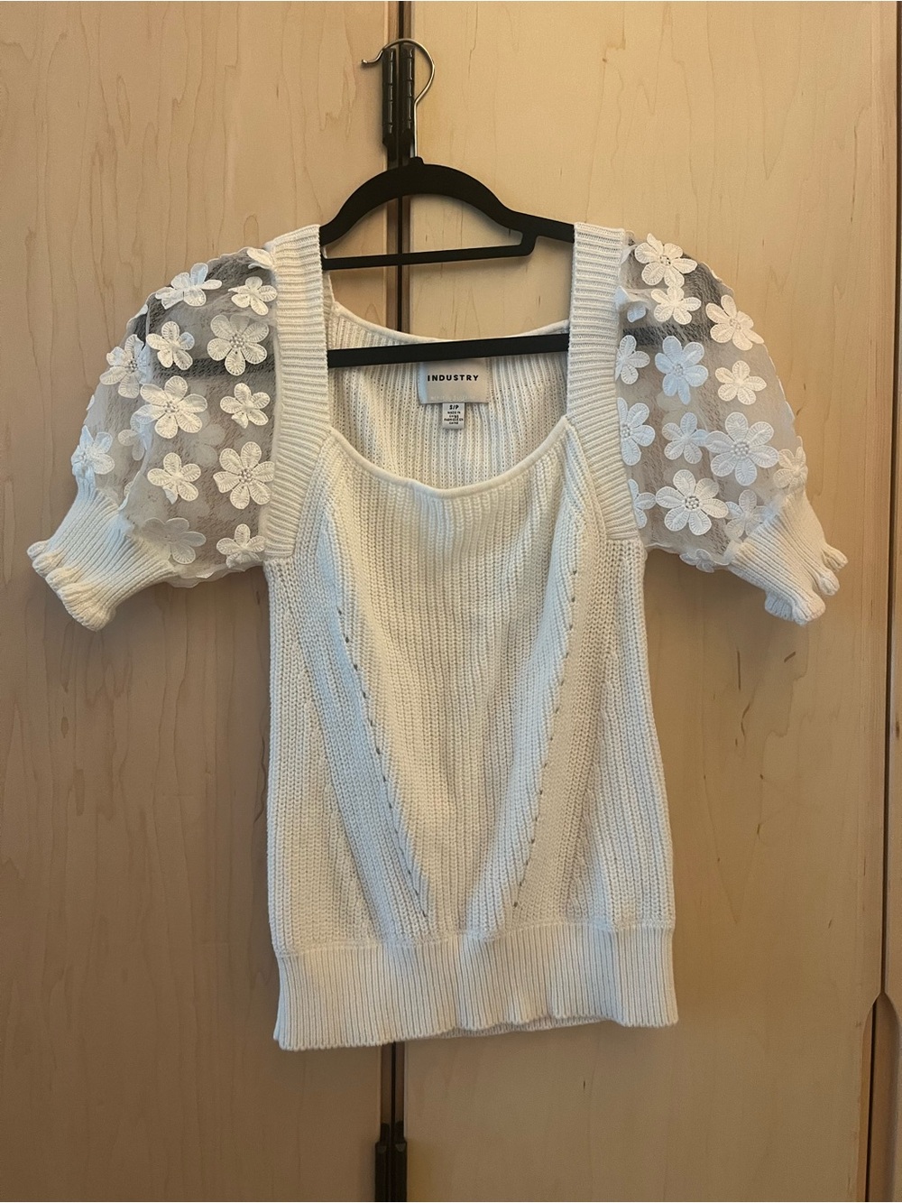 Industry White Knit Top with Floral Puff Sleeves